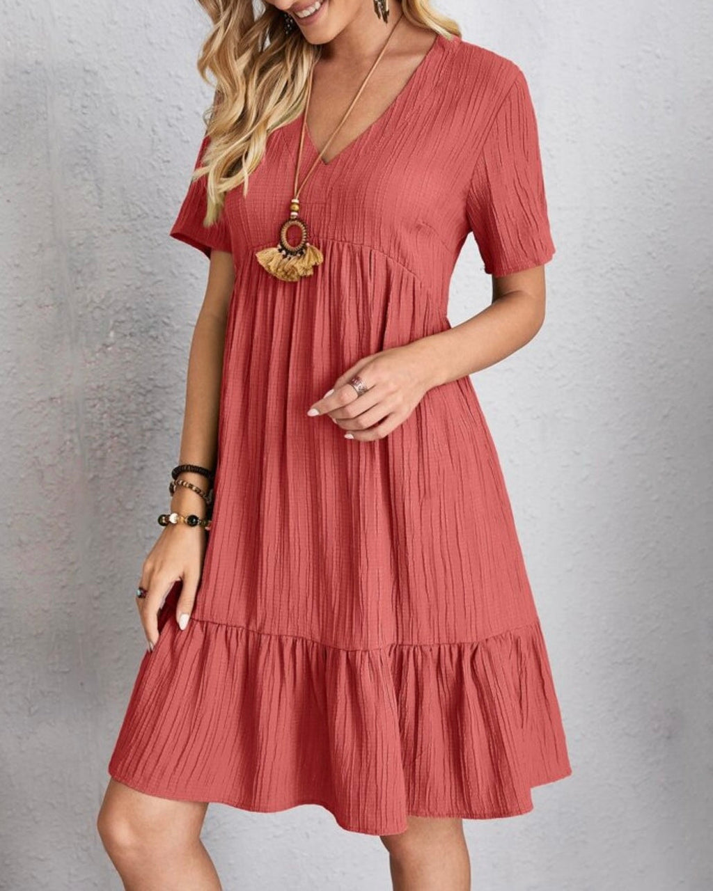 Women’s Mini Babydoll Dress with Deep V-Neck and Ruffled Hemline