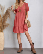 Women’s Mini Babydoll Dress with Deep V-Neck and Ruffled Hemline