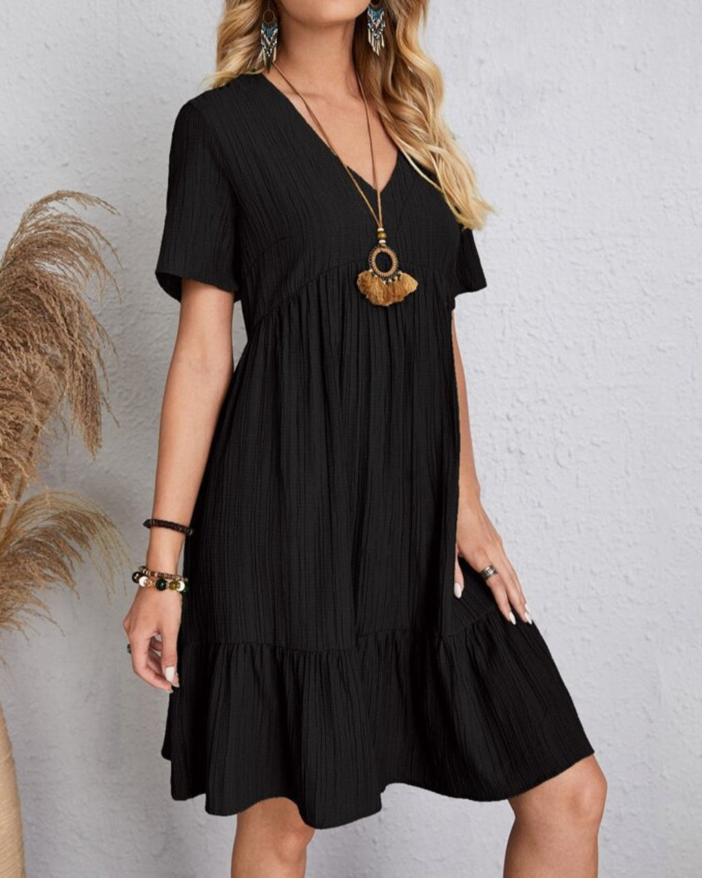 Women’s Mini Babydoll Dress with Deep V-Neck and Ruffled Hemline