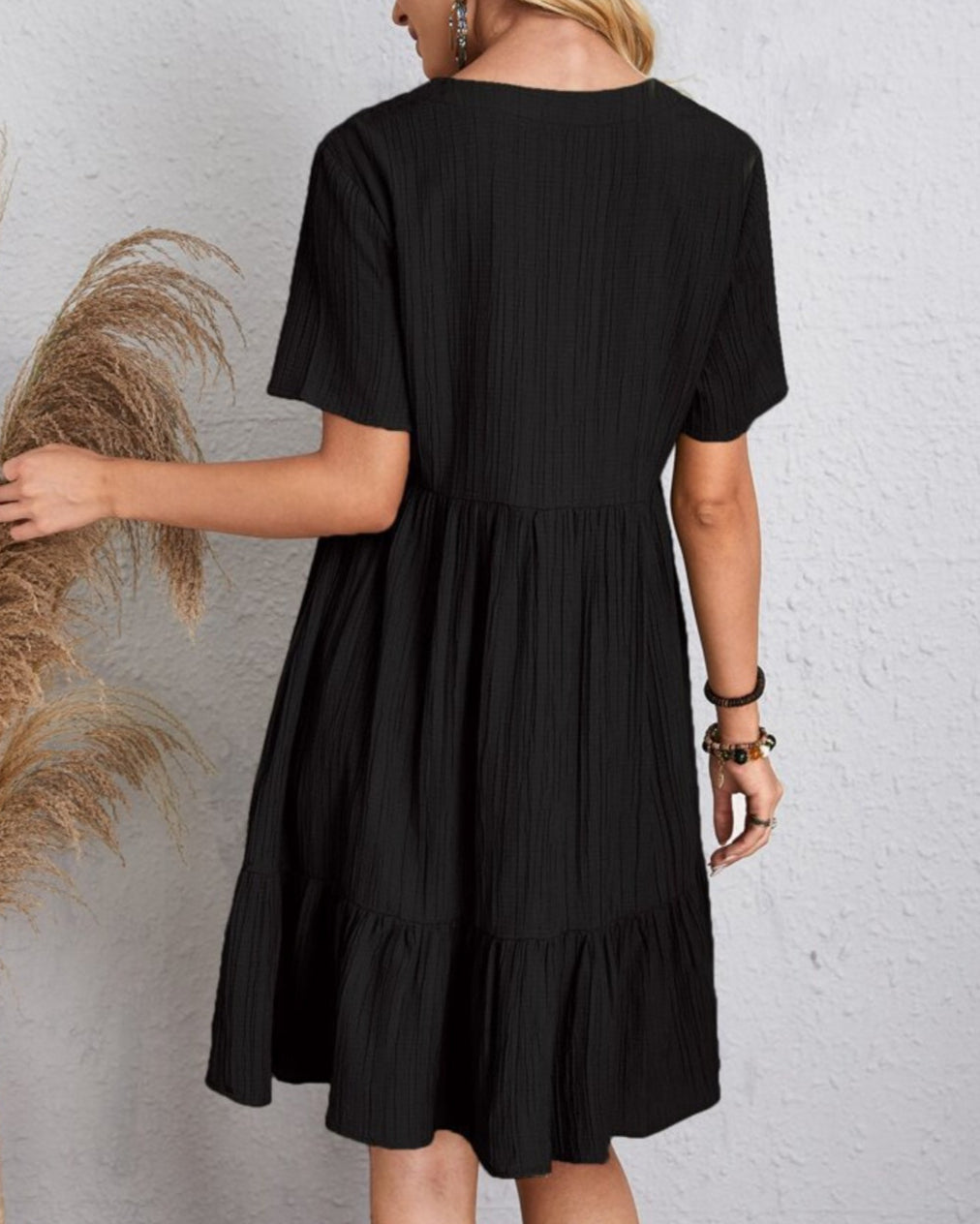 Women’s Mini Babydoll Dress with Deep V-Neck and Ruffled Hemline