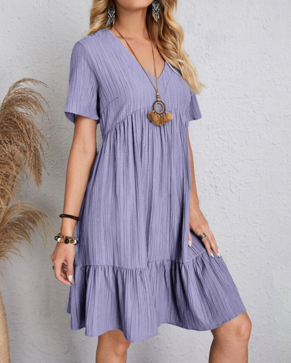 Women’s Mini Babydoll Dress with Deep V-Neck and Ruffled Hemline
