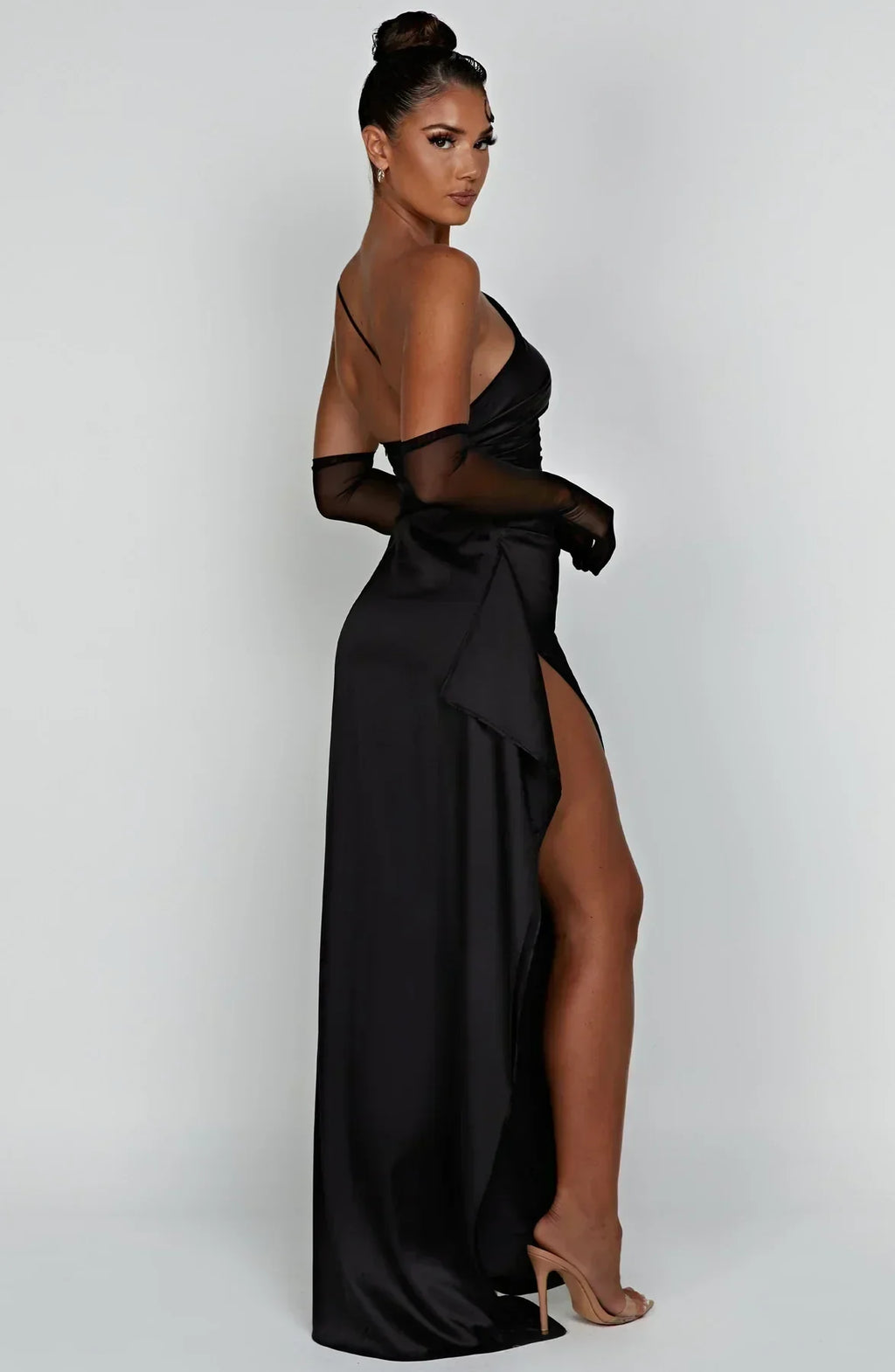 Elegant Pleated Satin One-Shoulder Slit Dress