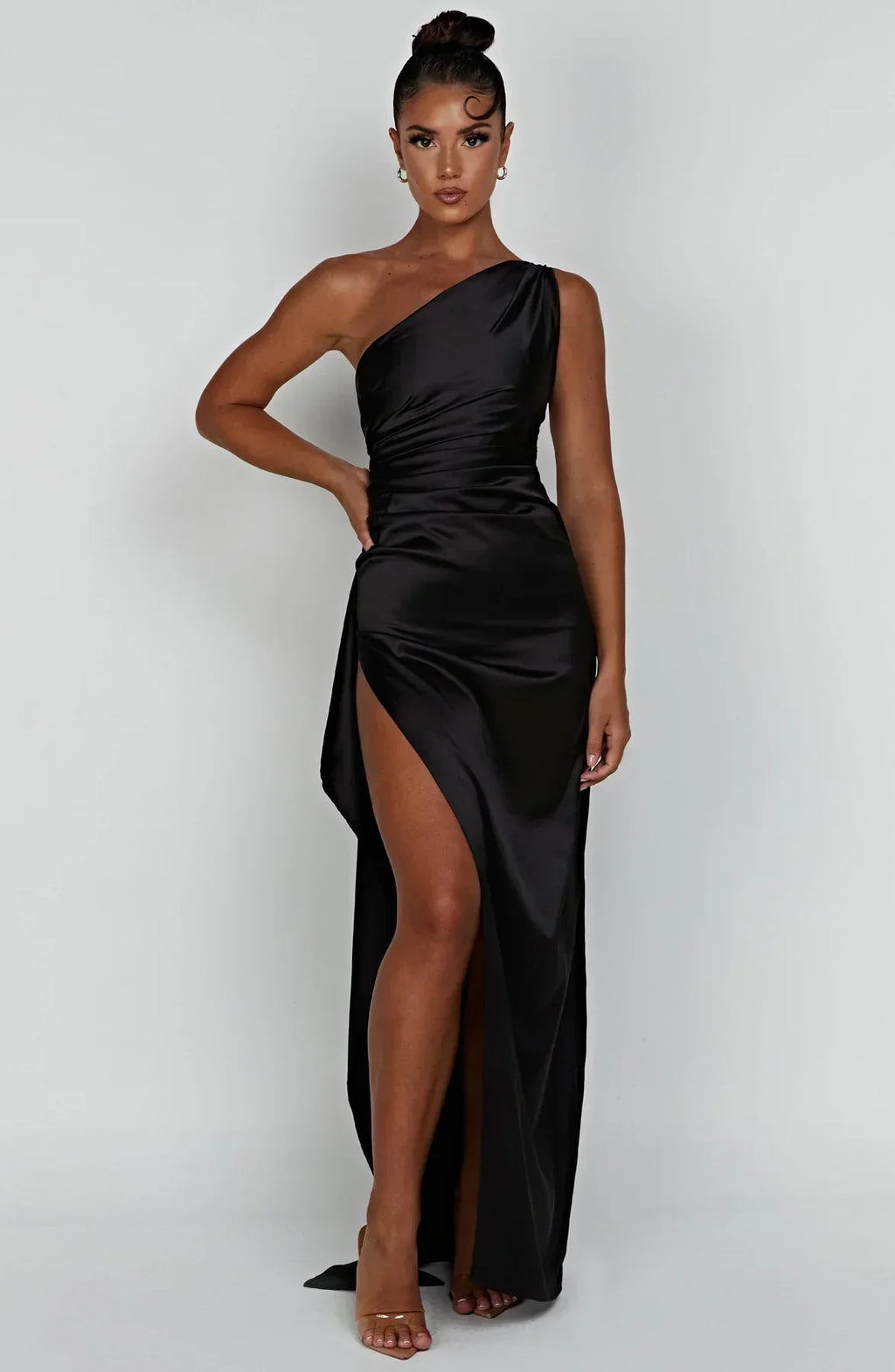Elegant Pleated Satin One-Shoulder Slit Dress