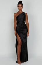 Elegant Pleated Satin One-Shoulder Slit Dress