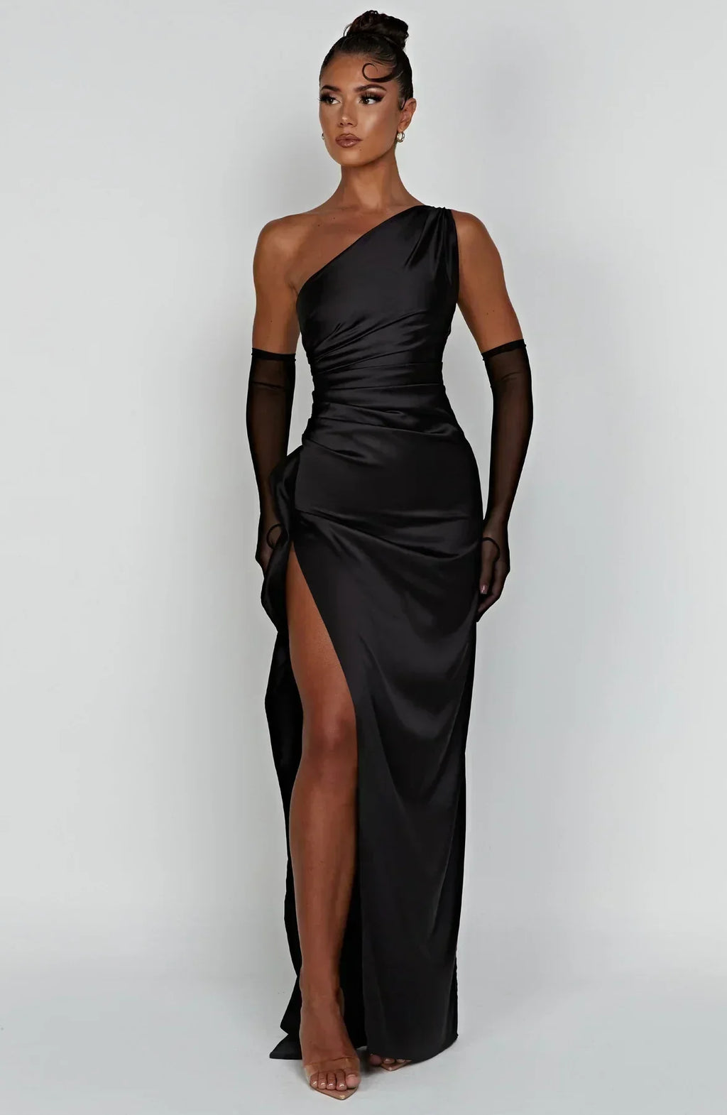 Elegant Pleated Satin One-Shoulder Slit Dress