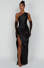Elegant Pleated Satin One-Shoulder Slit Dress