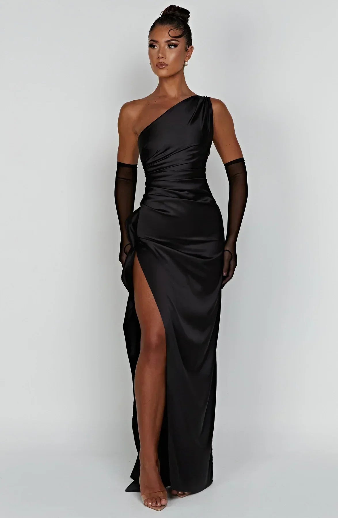 Elegant Pleated Satin One-Shoulder Slit Dress
