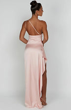 Elegant Pleated Satin One-Shoulder Slit Dress