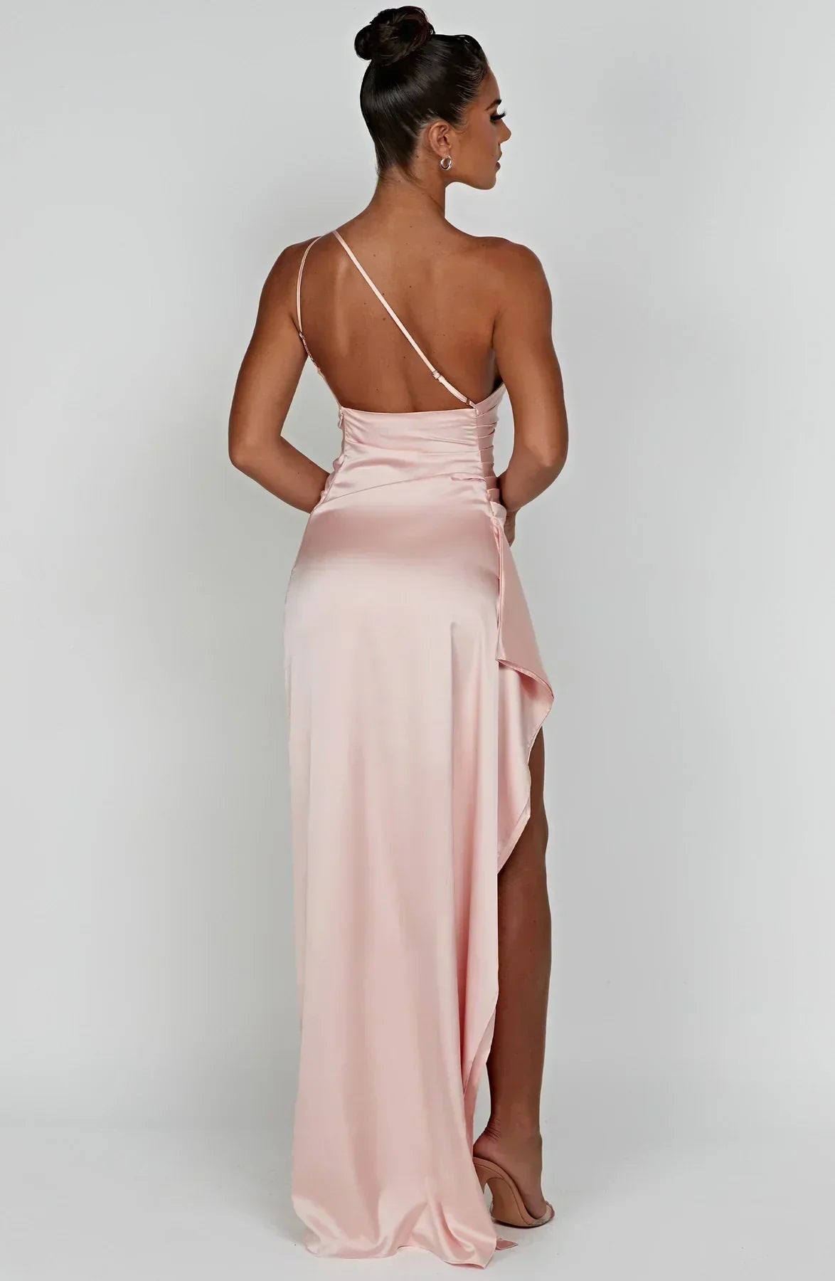 Elegant Pleated Satin One-Shoulder Slit Dress