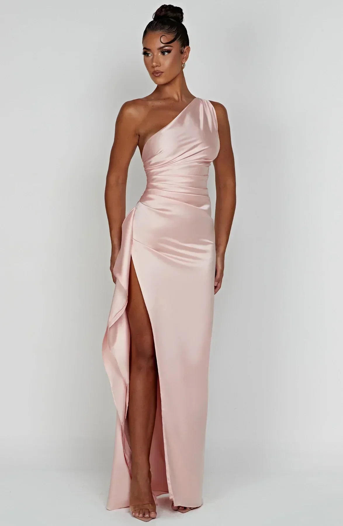 Elegant Pleated Satin One-Shoulder Slit Dress