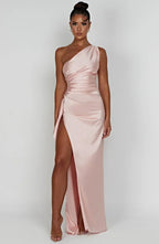 Elegant Pleated Satin One-Shoulder Slit Dress