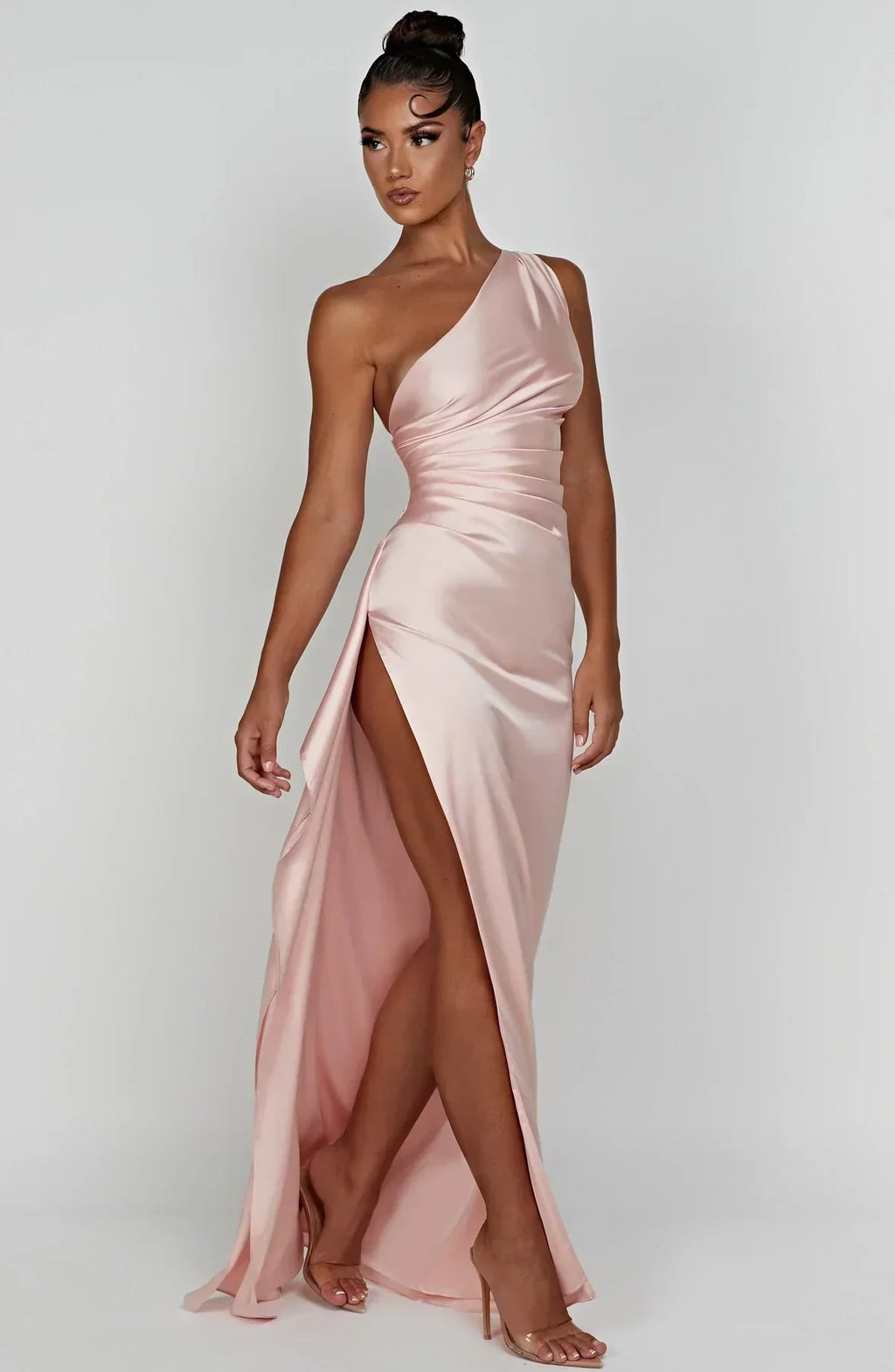 Elegant Pleated Satin One-Shoulder Slit Dress