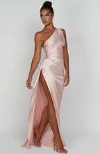 Elegant Pleated Satin One-Shoulder Slit Dress