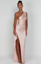Elegant Pleated Satin One-Shoulder Slit Dress