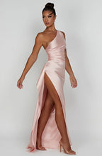 Elegant Pleated Satin One-Shoulder Slit Dress