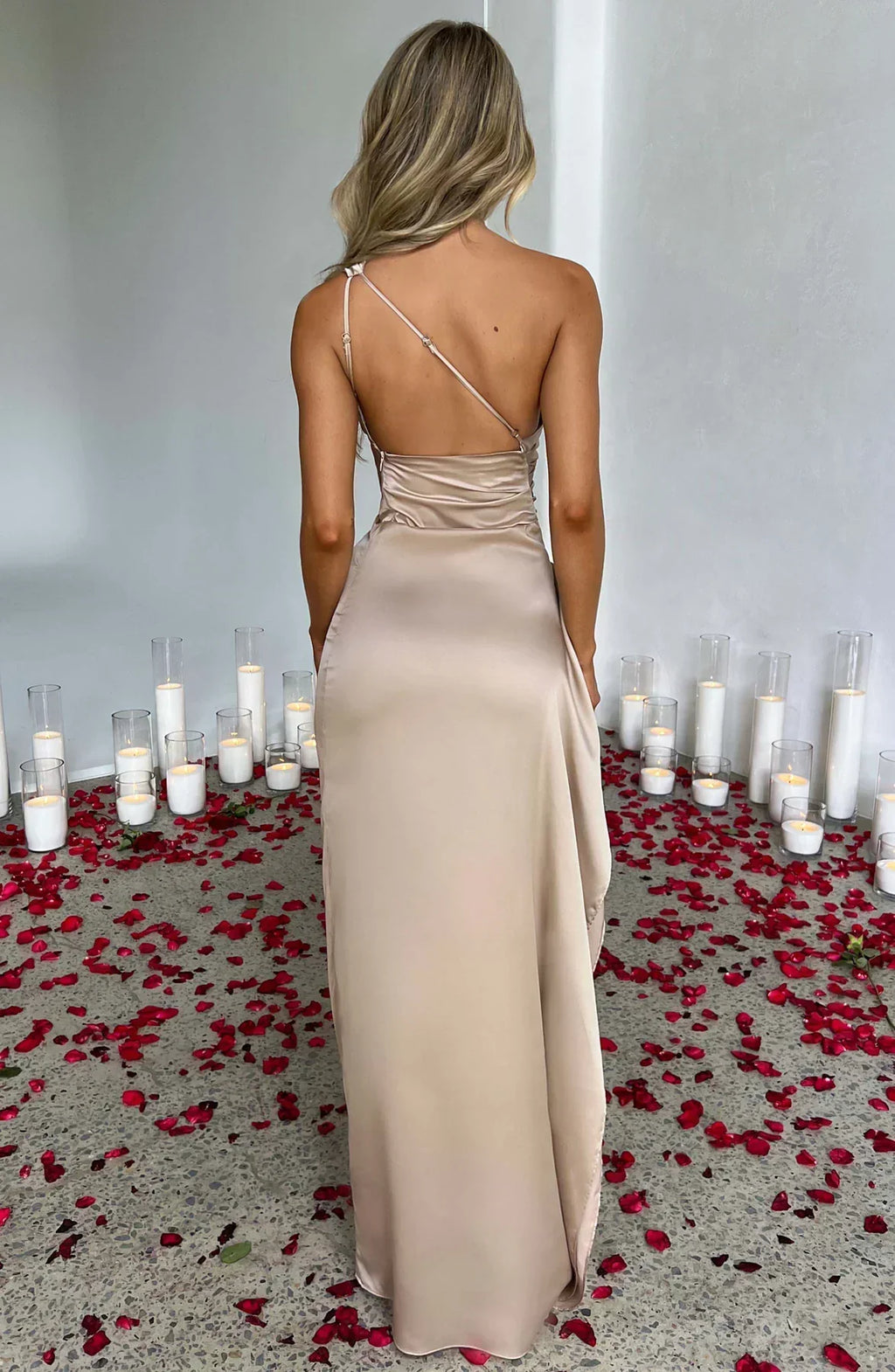 Elegant Pleated Satin One-Shoulder Slit Dress
