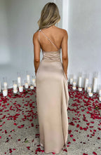 Elegant Pleated Satin One-Shoulder Slit Dress
