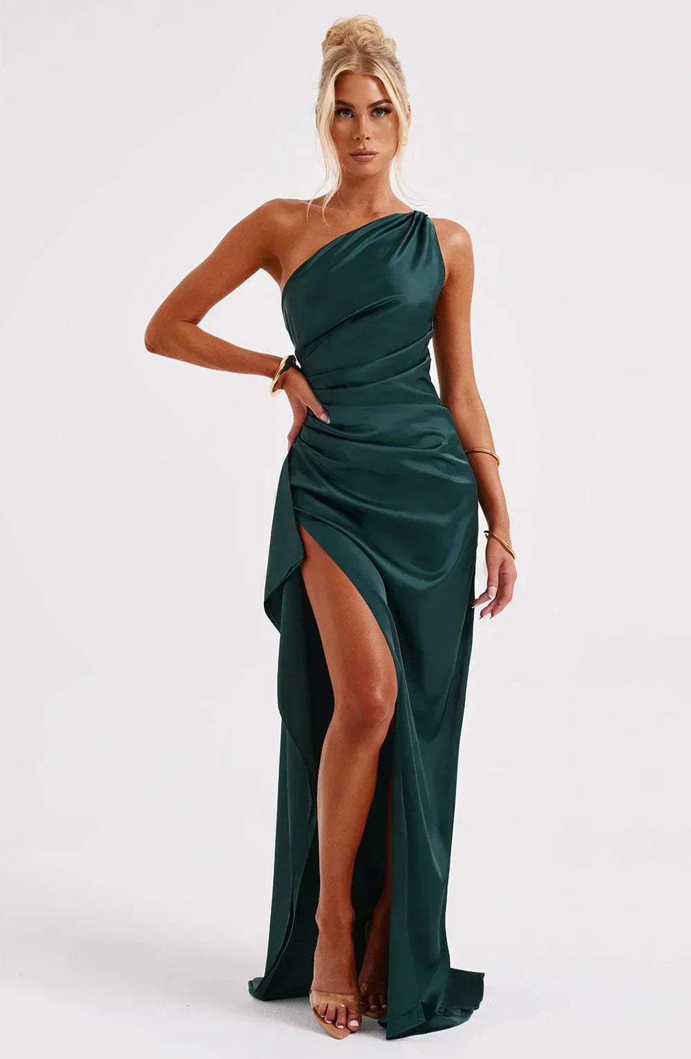 Elegant Pleated Satin One-Shoulder Slit Dress