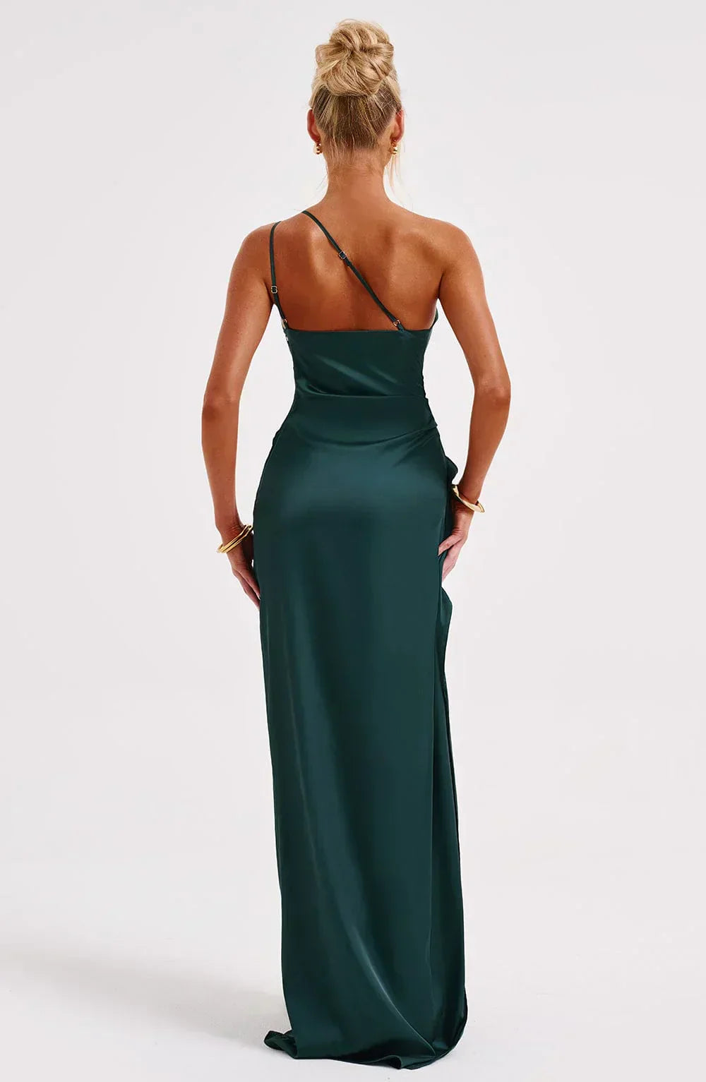 Elegant Pleated Satin One-Shoulder Slit Dress