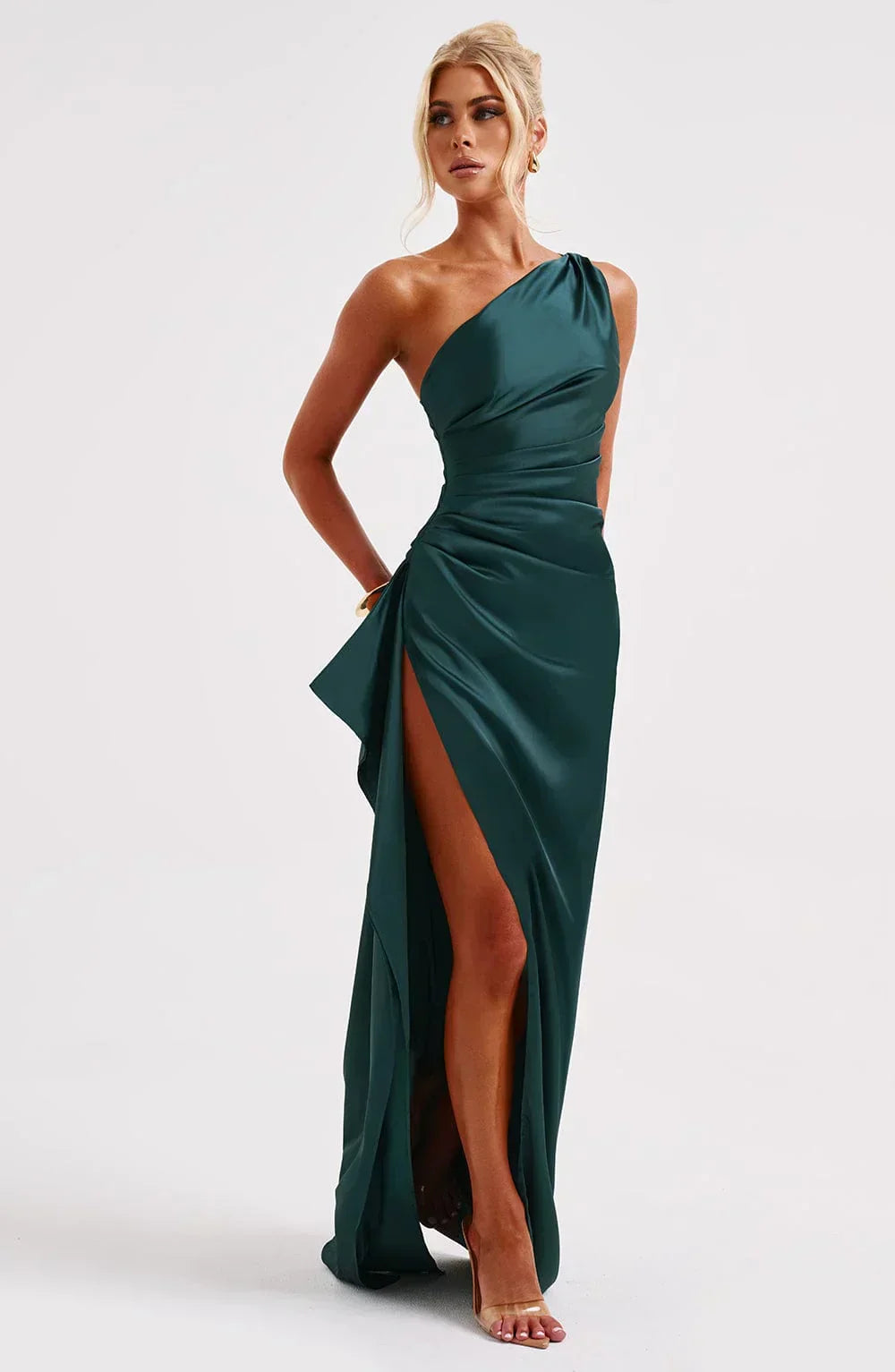 Elegant Pleated Satin One-Shoulder Slit Dress