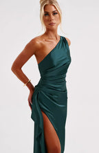 Elegant Pleated Satin One-Shoulder Slit Dress