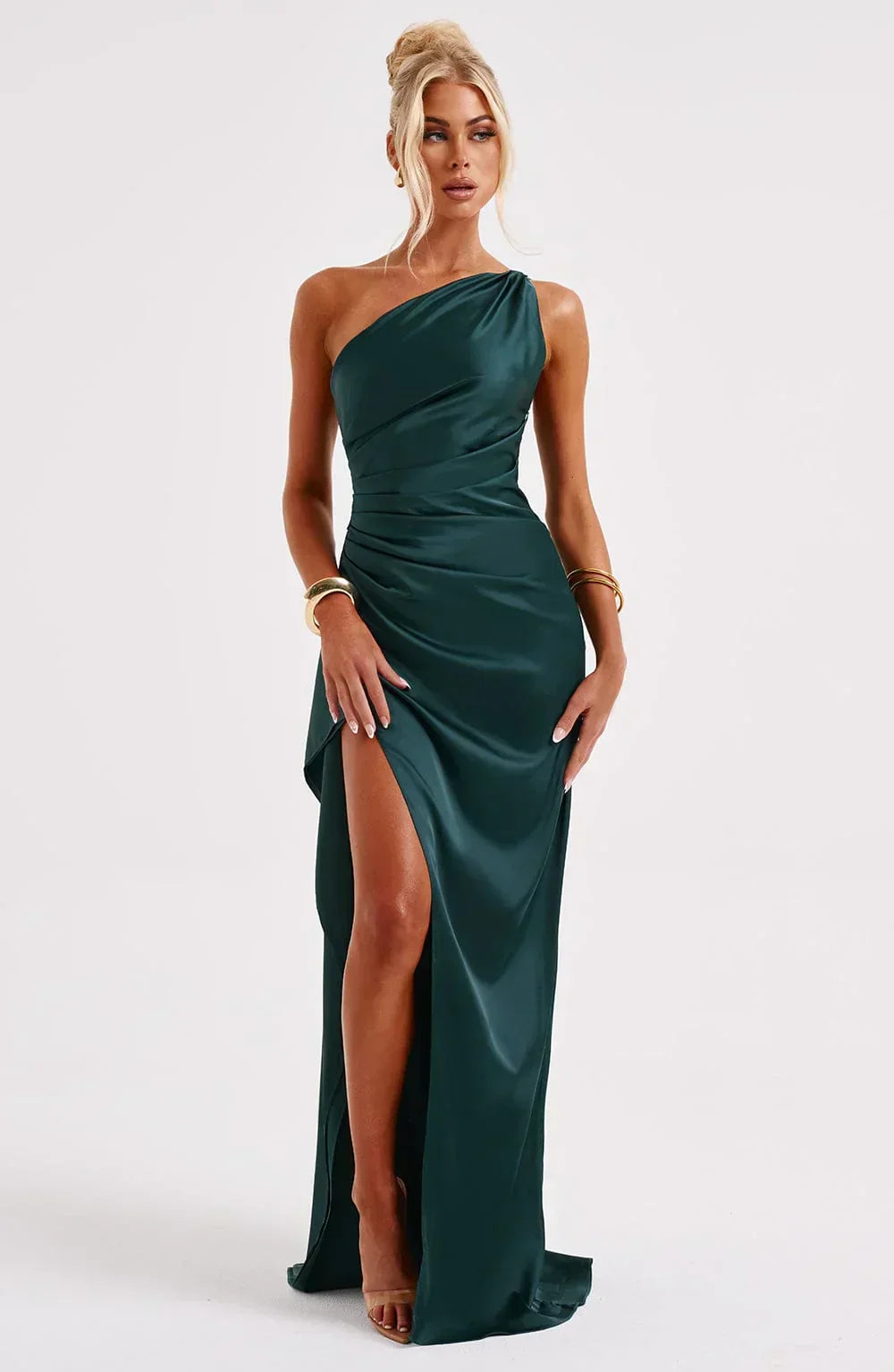Elegant Pleated Satin One-Shoulder Slit Dress
