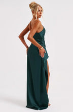 Elegant Pleated Satin One-Shoulder Slit Dress