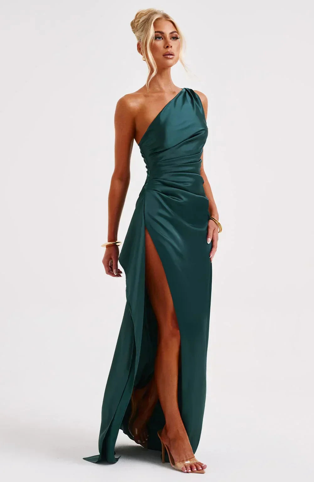 Elegant Pleated Satin One-Shoulder Slit Dress