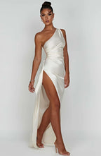 Elegant Pleated Satin One-Shoulder Slit Dress