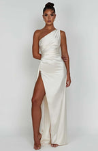 Elegant Pleated Satin One-Shoulder Slit Dress
