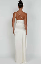 Elegant Pleated Satin One-Shoulder Slit Dress