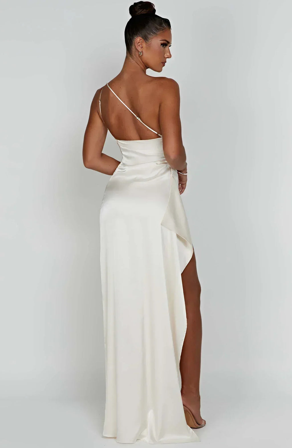 Elegant Pleated Satin One-Shoulder Slit Dress