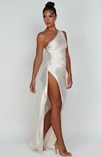 Elegant Pleated Satin One-Shoulder Slit Dress