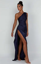 Elegant Pleated Satin One-Shoulder Slit Dress