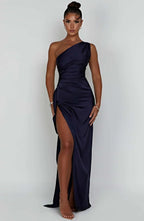 Elegant Pleated Satin One-Shoulder Slit Dress