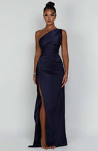 Elegant Pleated Satin One-Shoulder Slit Dress
