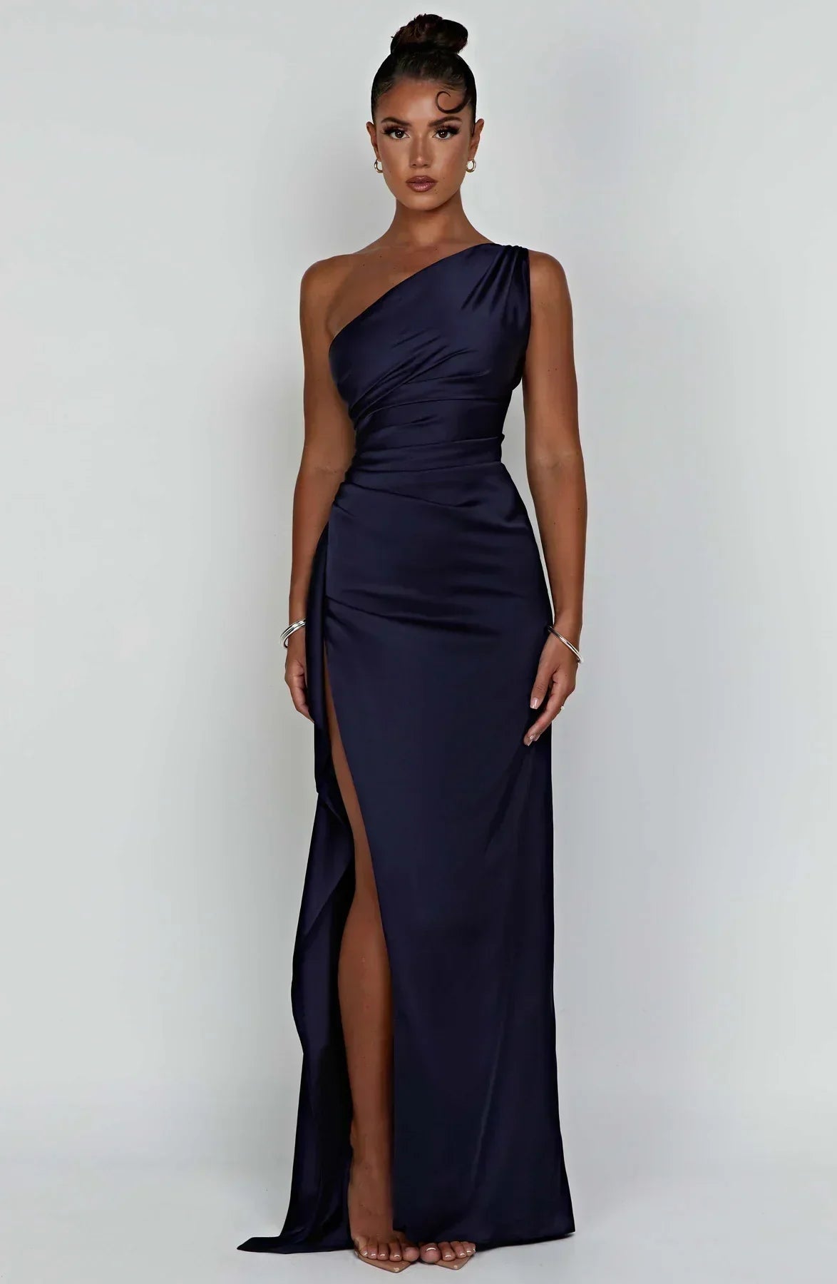 Elegant Pleated Satin One-Shoulder Slit Dress