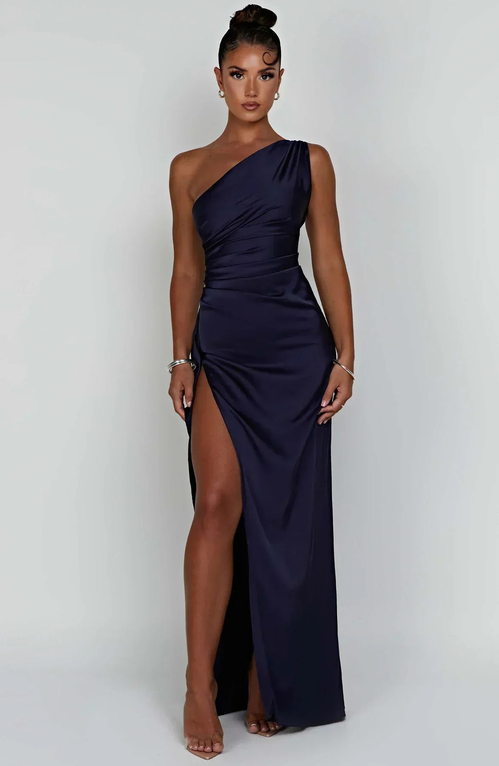 Elegant Pleated Satin One-Shoulder Slit Dress