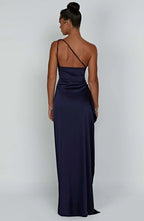Elegant Pleated Satin One-Shoulder Slit Dress