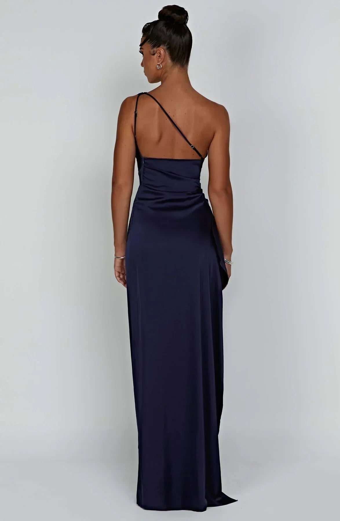 Elegant Pleated Satin One-Shoulder Slit Dress