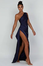 Elegant Pleated Satin One-Shoulder Slit Dress