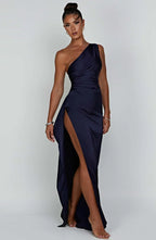 Elegant Pleated Satin One-Shoulder Slit Dress