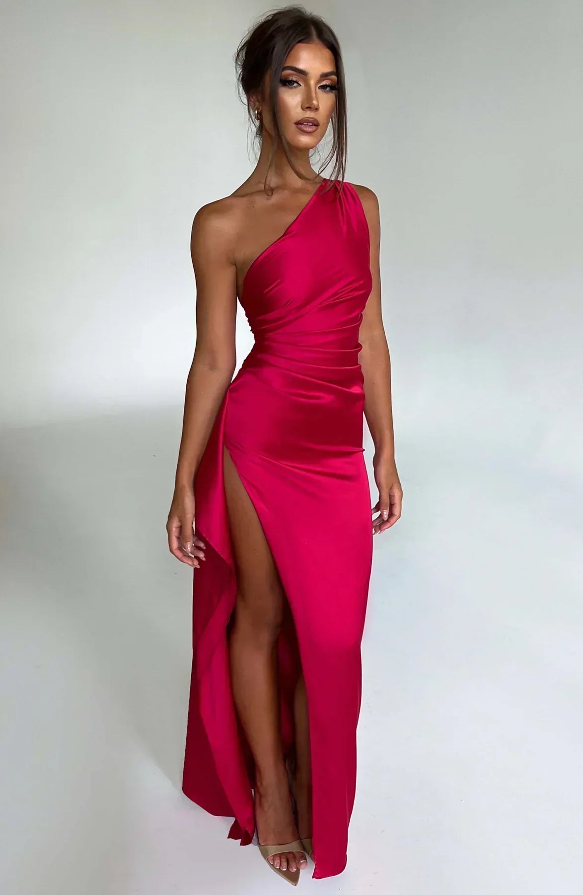 Elegant Pleated Satin One-Shoulder Slit Dress