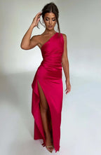 Elegant Pleated Satin One-Shoulder Slit Dress