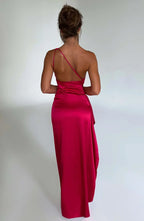 Elegant Pleated Satin One-Shoulder Slit Dress