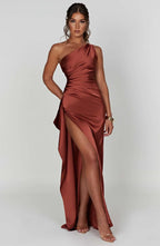 Elegant Pleated Satin One-Shoulder Slit Dress
