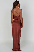 Elegant Pleated Satin One-Shoulder Slit Dress