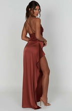 Elegant Pleated Satin One-Shoulder Slit Dress