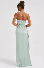 Elegant Pleated Satin One-Shoulder Slit Dress