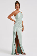 Elegant Pleated Satin One-Shoulder Slit Dress